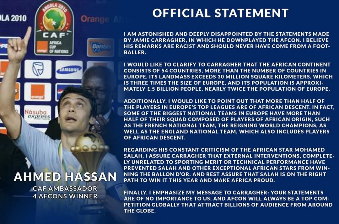 Egypt legend Ahmed Hassan slams Jamie Carragher for disrespecting AFCON
