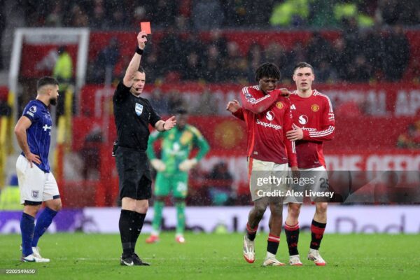 Patrick Dorgu's nightmare performance ends with red card at Old Trafford