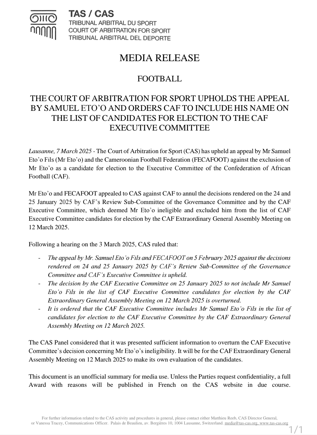  Screenshot 20250307 105242 Samsung Notes   CAS orders CAF to reinstate Samuel Etoo on Executive Committee candidate list   AfricaSoccercom