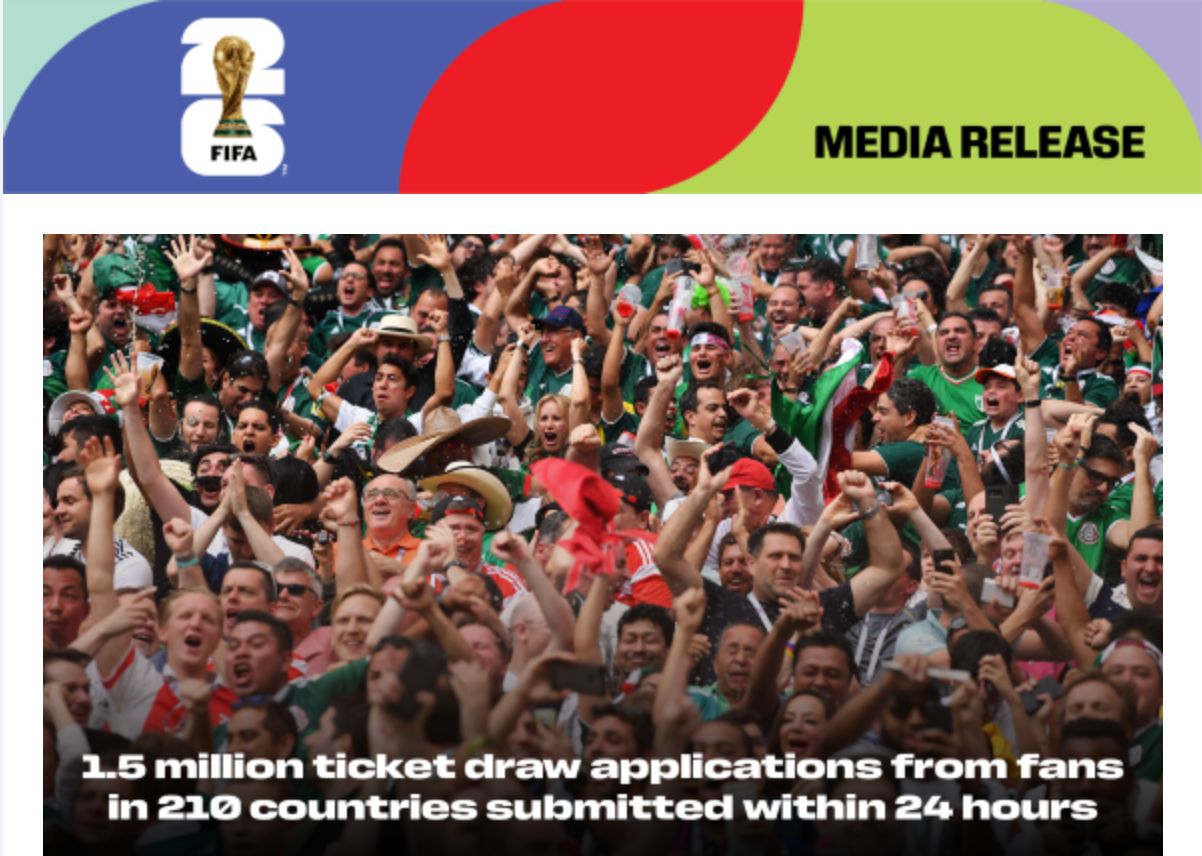 FIFA World Cup 2026: more than 1.5 million ticket draw applications submitted within 24 hours