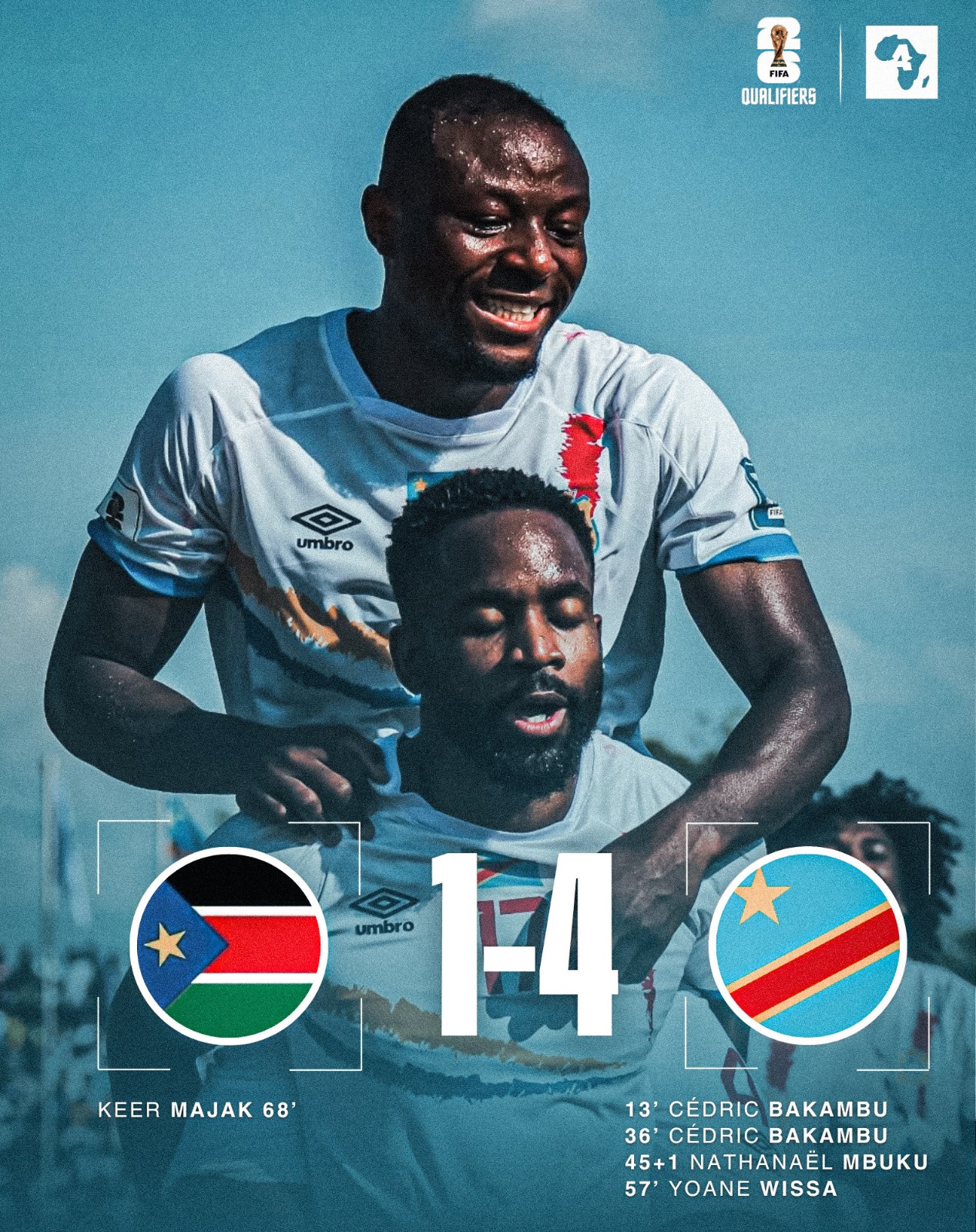 2026 World Cup Qualifiers: Cedric Bakambu nets brace to power D.R Congo to 4-1 win against South Sudan