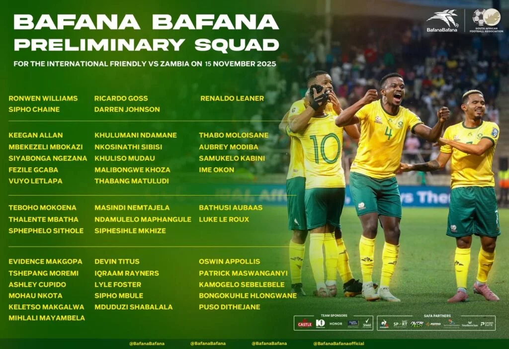 Hugo Broos names provisional South Africa squad for Zambia friendly in November
