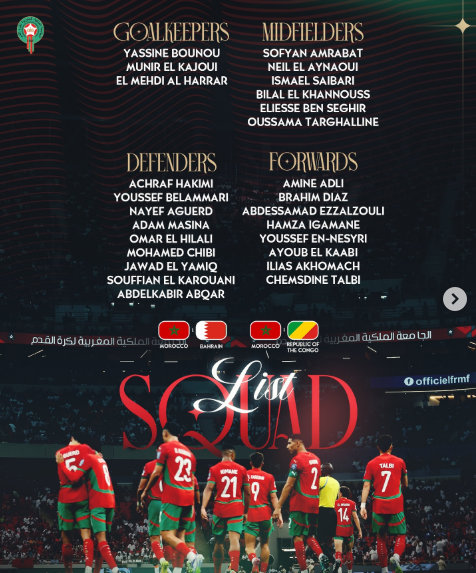 Walid Regragui announces Morocco squad for Bahrain friendly and World Cup qualifier against Congo