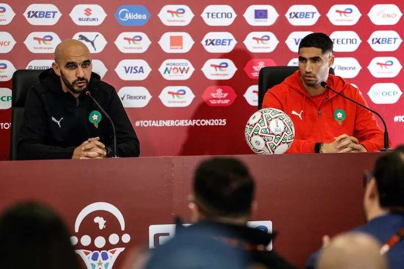 regragui cp can maroc 2025 afp AfricaSoccercom regragui cp can maroc 2025 afp AFCON 2025 Morocco coach Walid Regragui certain Achraf Hakimi will mark first appearance against Zambia AfricaSoccercom
