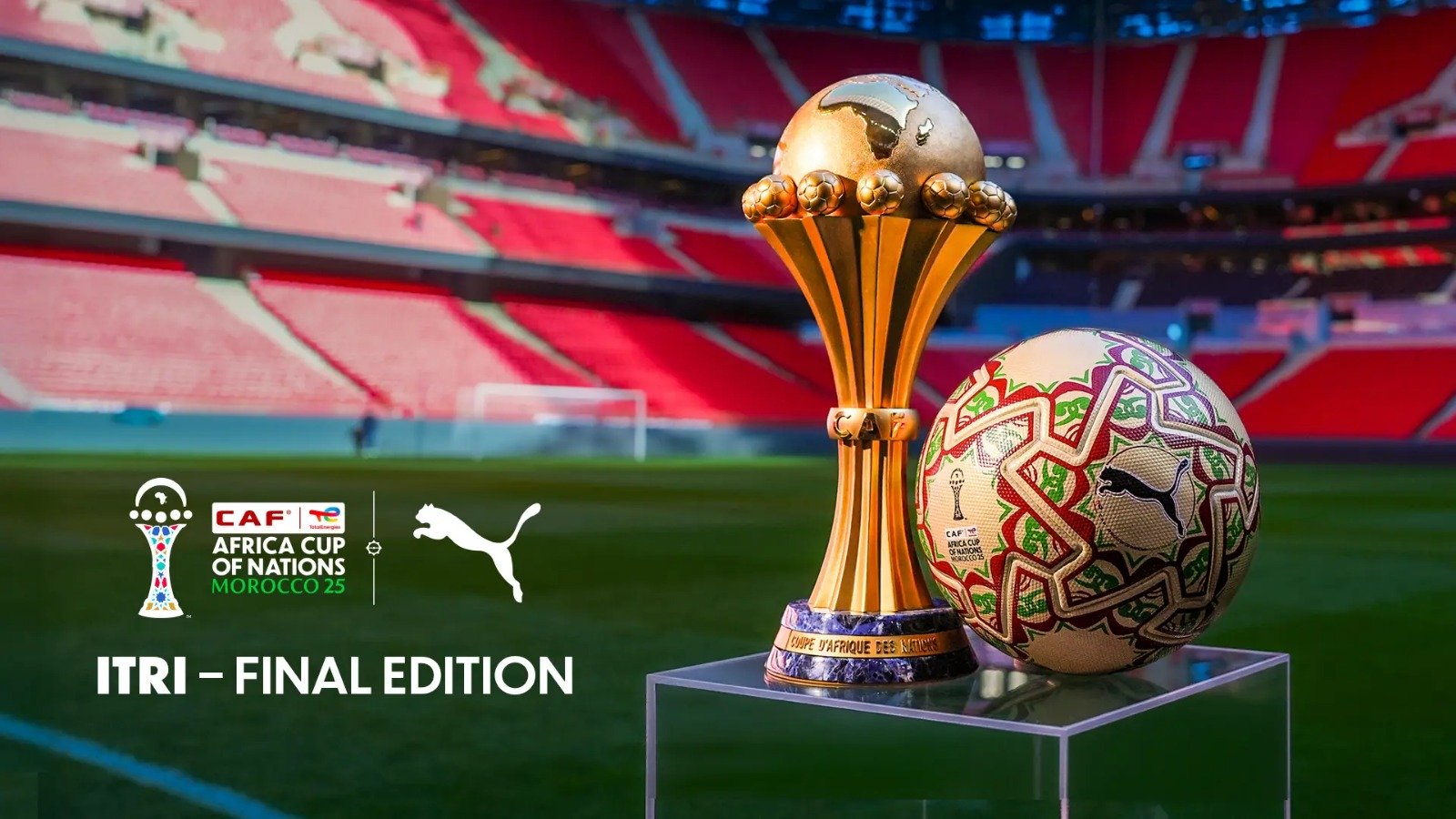  CAF and PUMA unveil special version of Official Match Ball ITRI for TotalEnergies CAF AFCON Morocco 2025 Final   AFCON 2025 CAF and PUMA unveil golden final ball for Morocco Senegal showdown   AfricaSoccercom