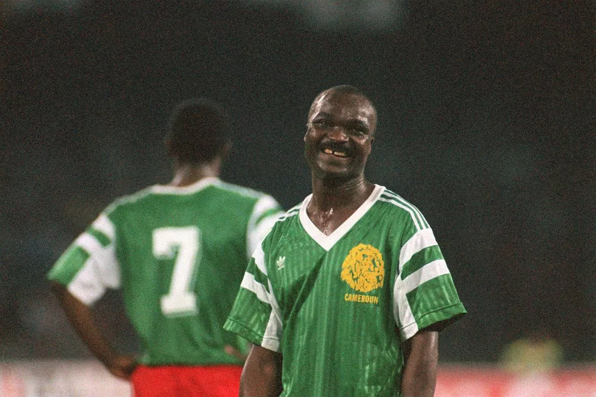  Cameroons Roger Milla playing against England at the 1990 World Cup   AFCON 2025 Roger Milla backs Cameroon ahead of Morocco quarter final test   AfricaSoccercom
