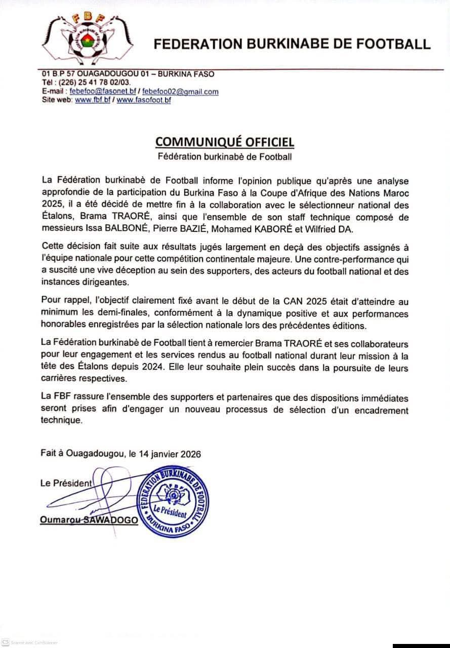  FB IMG 1768395624934   BREAKING Burkina Faso FA parts ways with coach Brama Traore after dismal AFCON campaign   AfricaSoccercom
