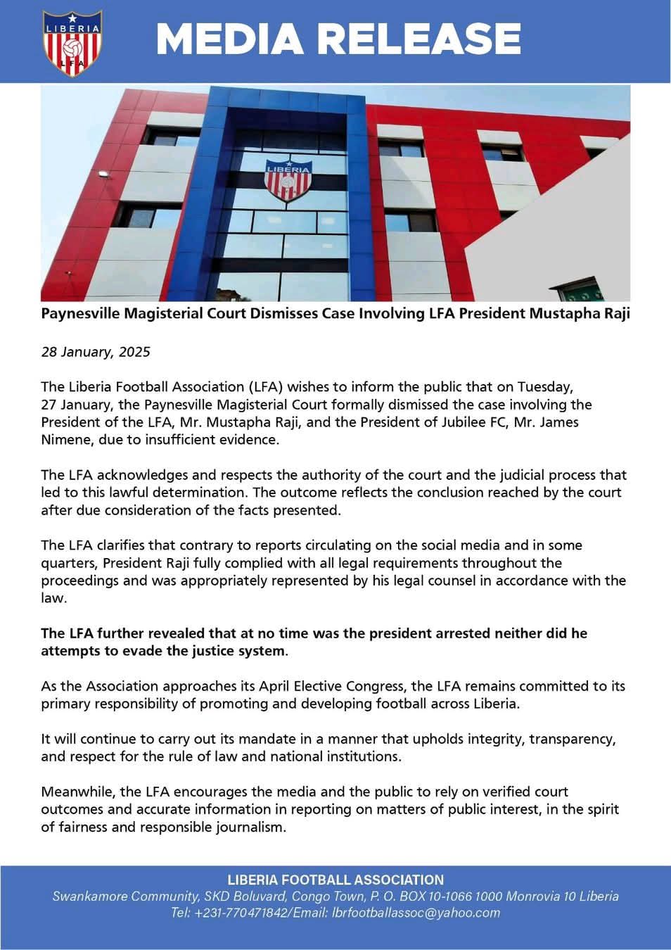  FB IMG 1769599838179   Liberia FA says case against President Mustapha Raji dismissed after earlier arrest reports   AfricaSoccercom