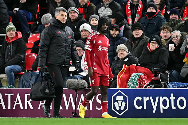 Jeremie Frimpong injured AfricaSoccercom Jeremie Frimpong injured Jeremie Frimpong suffers early injury setback in Liverpool Champions League clash with Qarabag AfricaSoccercom