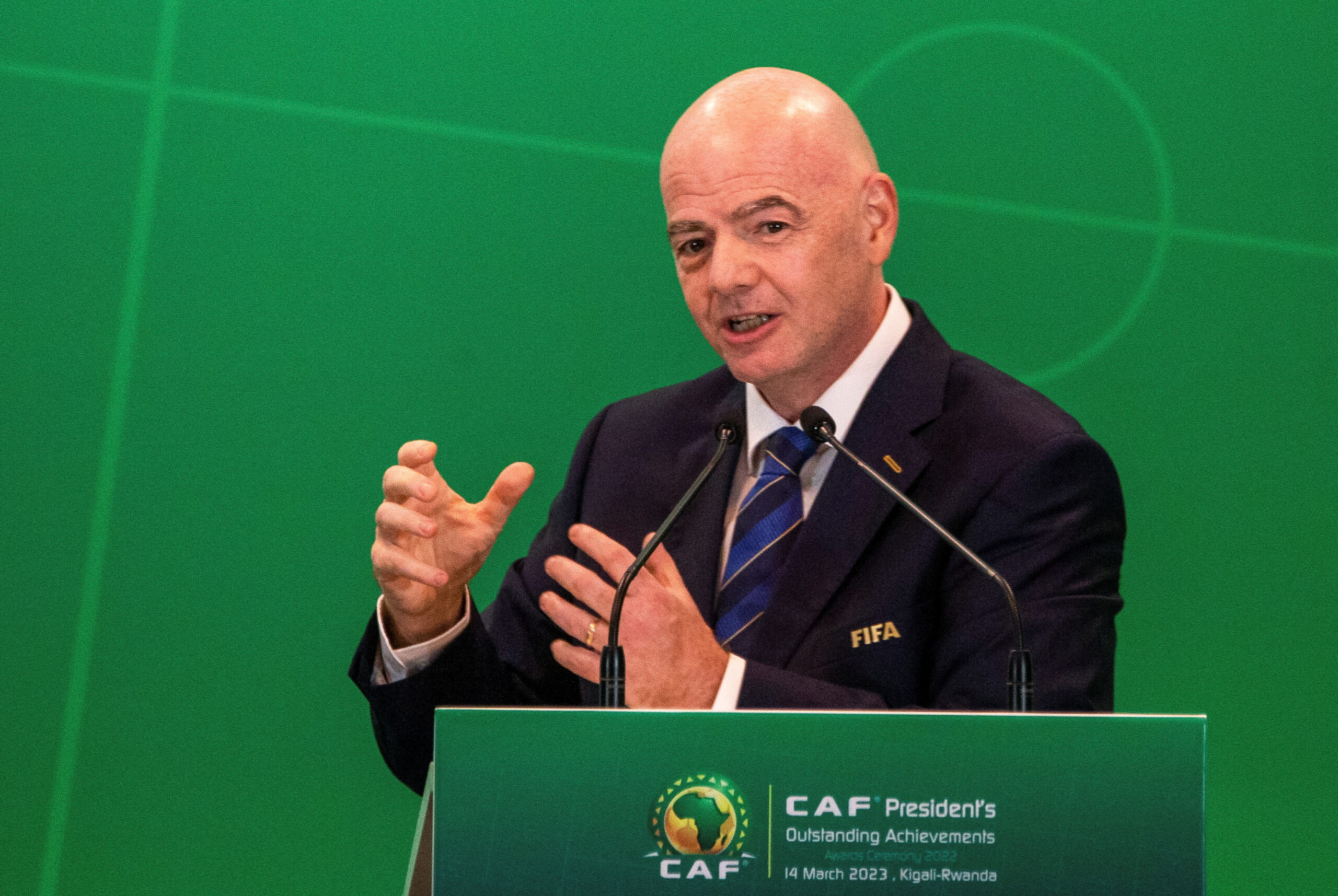  FILE PHOTO FIFA president Gianni Infantino addresses delegates during the CAF Presidents Outstanding Achievement Awards in Kigali   AFCON 2025 Fifa boss Gianni Infantino sends good luck message to Senegal and Morocco ahead of epic final   AfricaSoccercom