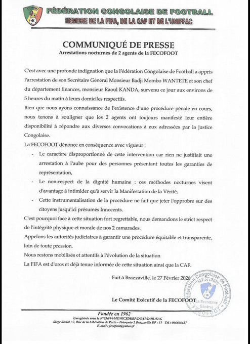 Two Congolese Football Federation members arrested over embezzlement of FIFA funds