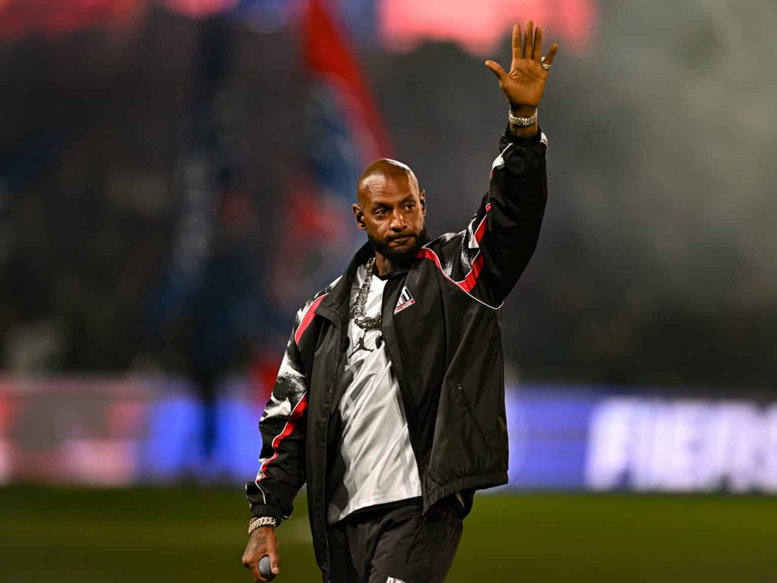 Youssou N'Dour performing ahead of a football match at Stade de France