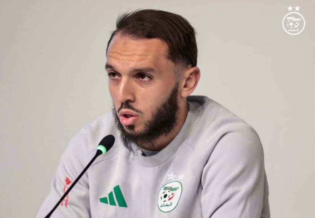 Amine Gouiri speaks during a press conference ahead of Algeria’s international match