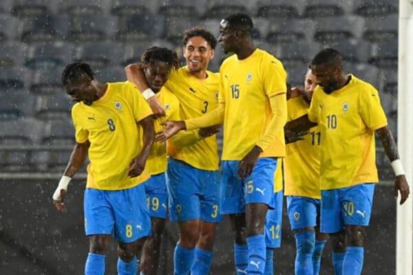 Gabon players celebrate a goal during their FIFA Series 2026 match against Trinidad and Tobago