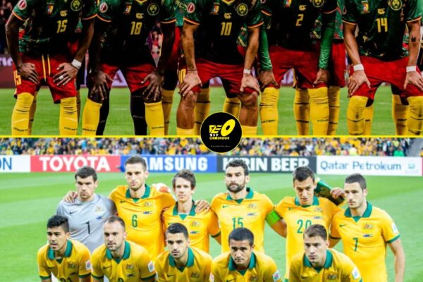 Players of Australia and Cameroon before kickoff at Accor Stadium