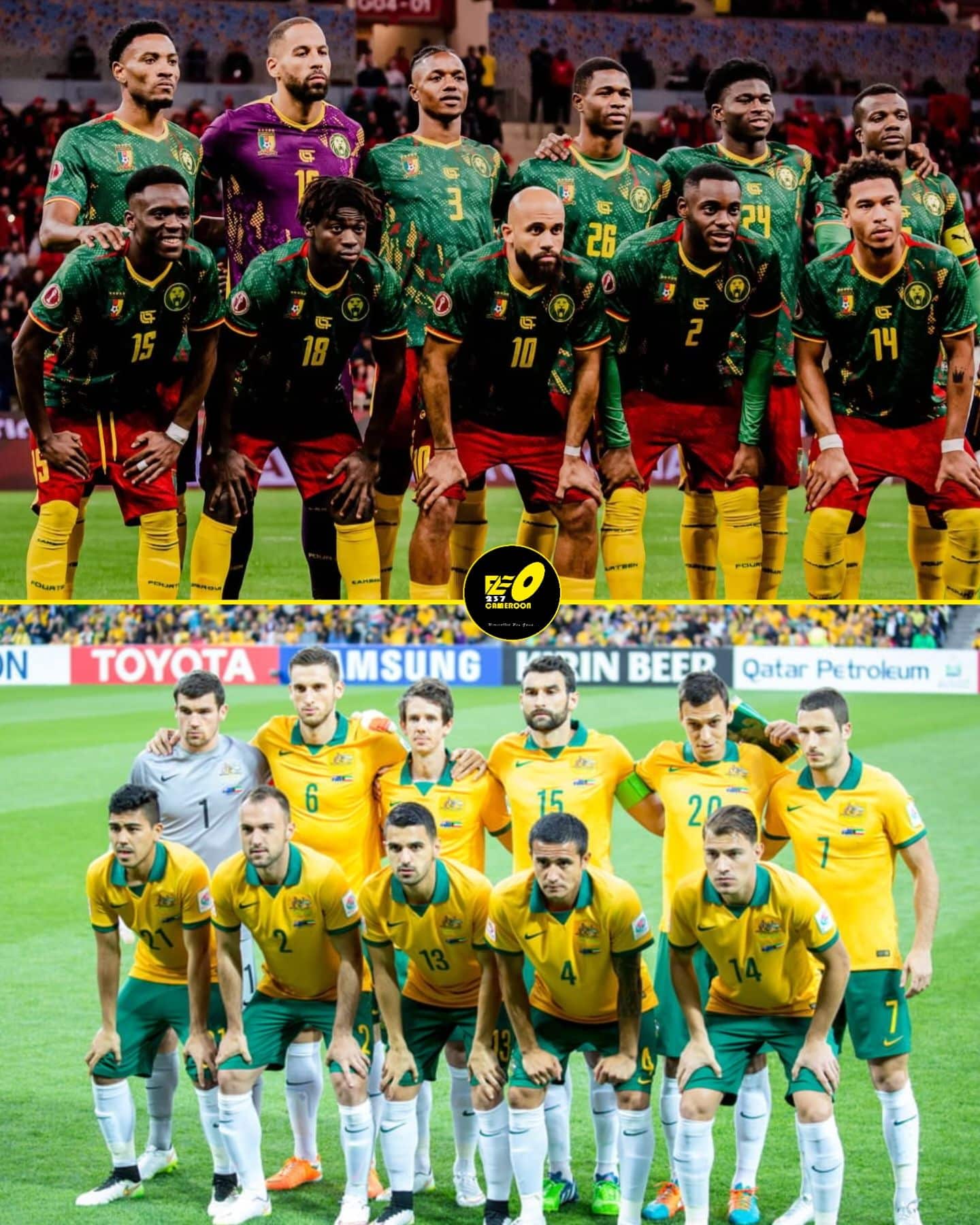 Players of Australia and Cameroon before kickoff at Accor Stadium