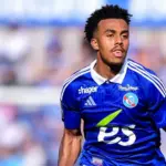 Guéla Doué playing for RC Strasbourg in Ligue 1 match