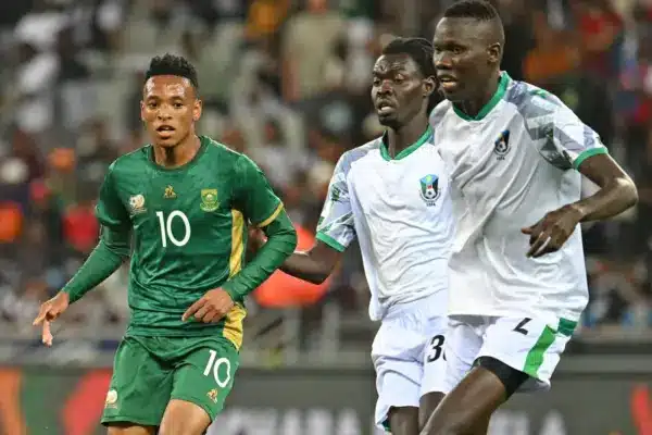 South Sudan players celebrate a goal during their 4-0 win over Djibouti in Juba