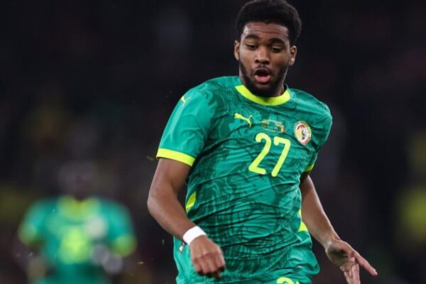 Ibrahim Mbaye celebrating a goal for Senegal at the Africa Cup of Nations