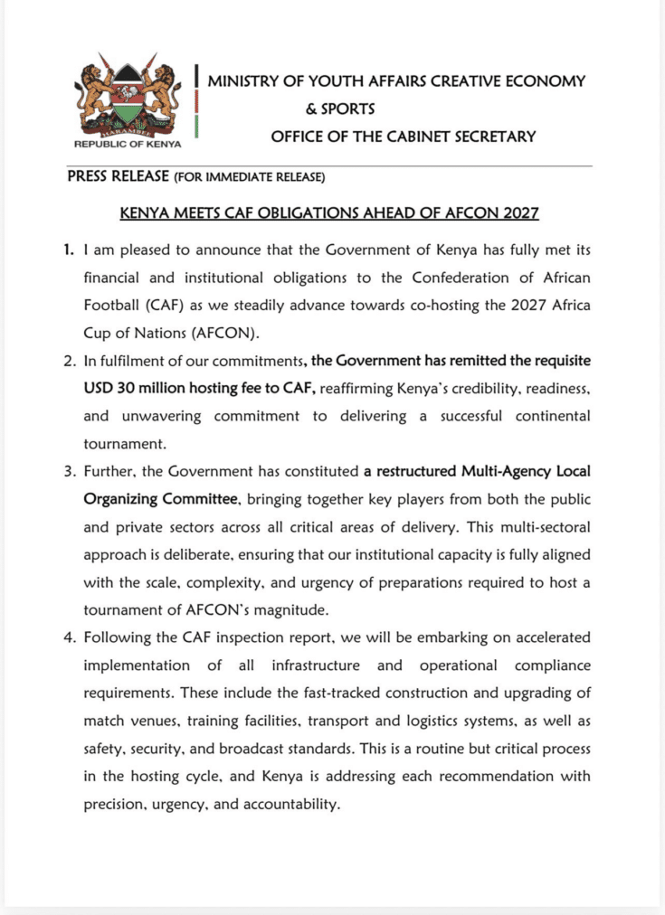 Kenya Pays $30m AFCON Fee and Boosts 2027 Preparations