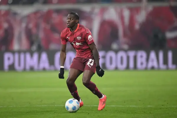 Castello Lukeba in action for RB Leipzig during a Bundesliga match