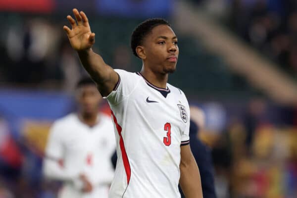 Arsenal midfielder Myles Lewis-Skelly controlling the ball during an England U21 match