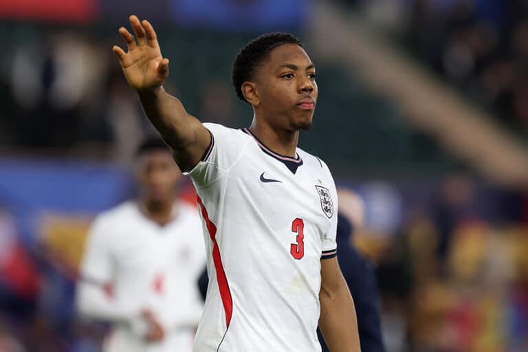 Arsenal midfielder Myles Lewis-Skelly controlling the ball during an England U21 match