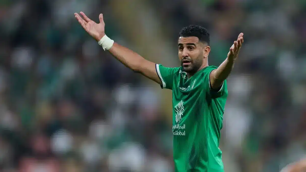 Riyad Mahrez reacts during Al Ahli match