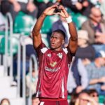 Christian Kofane in action for Bayer Leverkusen during a Bundesliga match