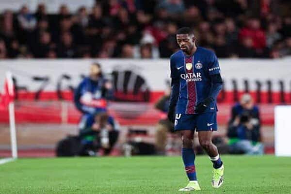 Ousmane Dembélé celebrating a goal for PSG in the Champions League