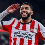 Ismaël Saïbari celebrates during PSV Eindhoven title-winning match