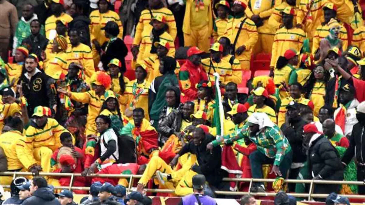 Football supporters in a crowded stadium during AFCON