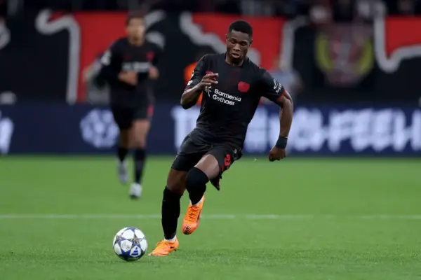 Christian Kofane in action for Bayer Leverkusen