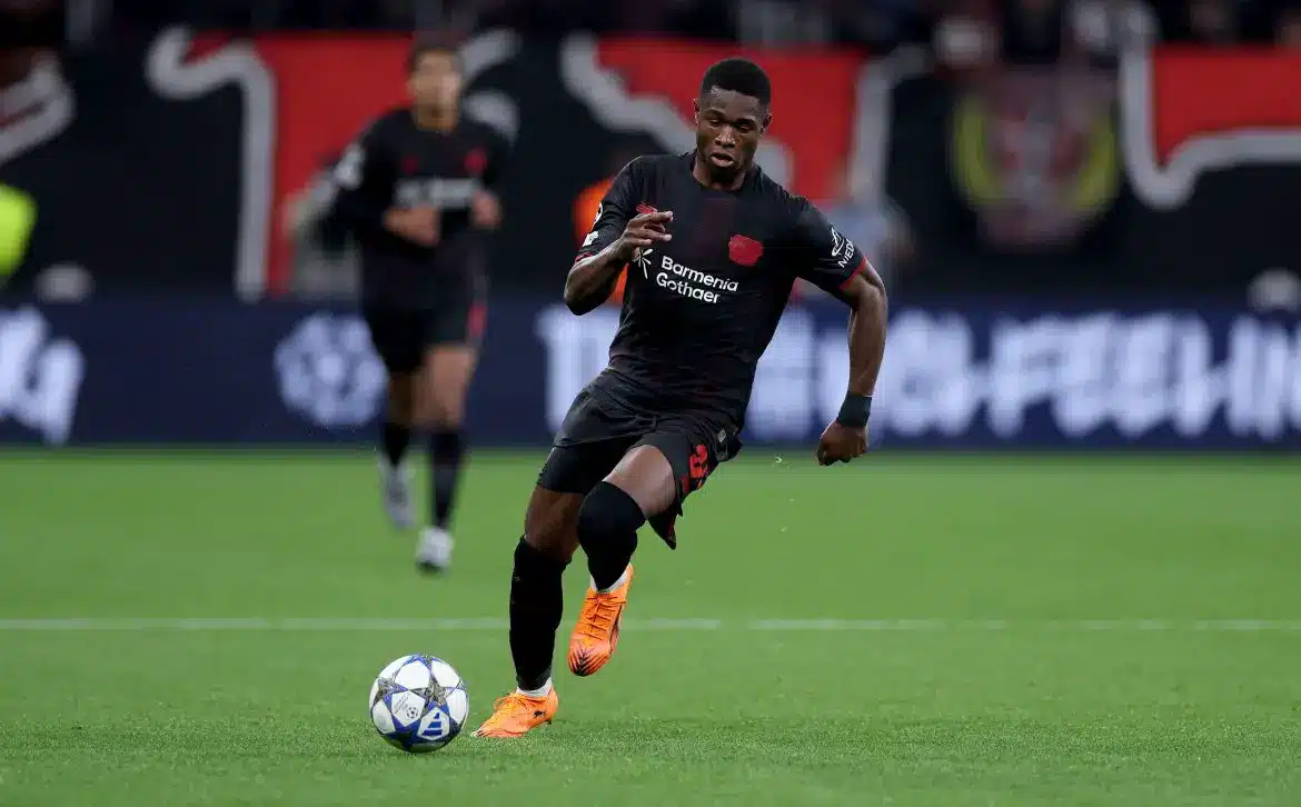 Christian Kofane in action for Bayer Leverkusen