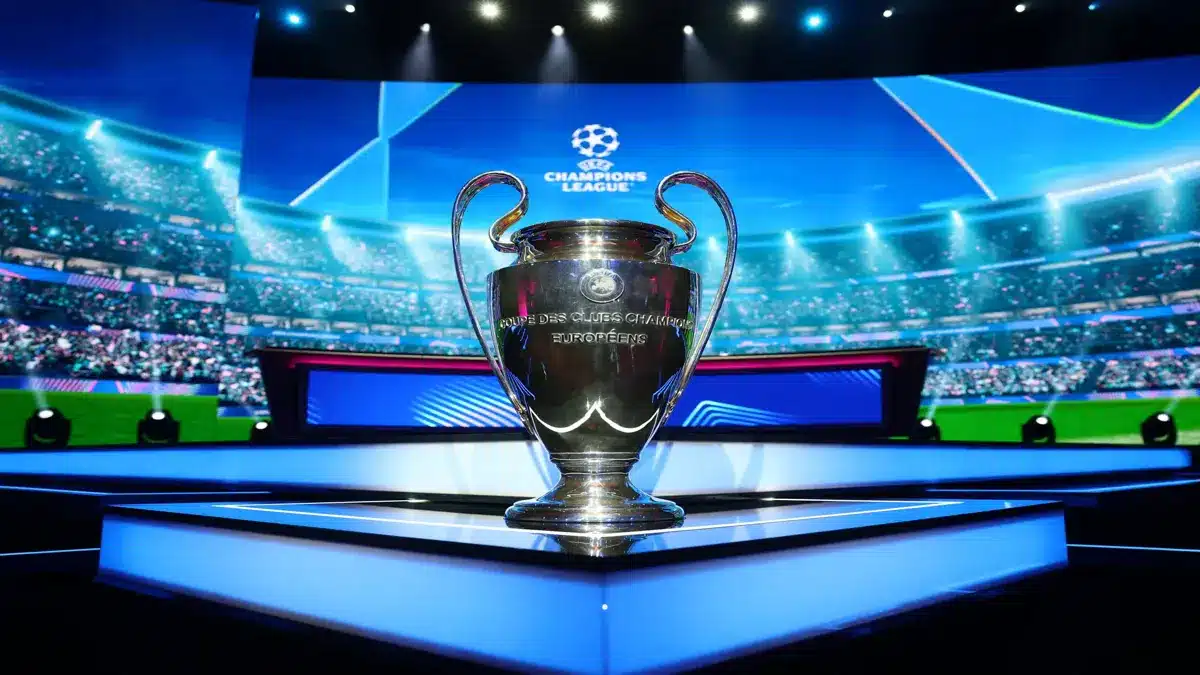UEFA Champions League trophy displayed inside a football stadium
