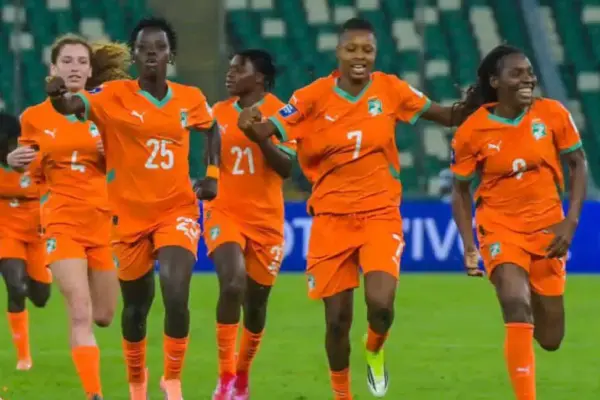 Ivory Coast women’s team celebrating after scoring against Pakistan