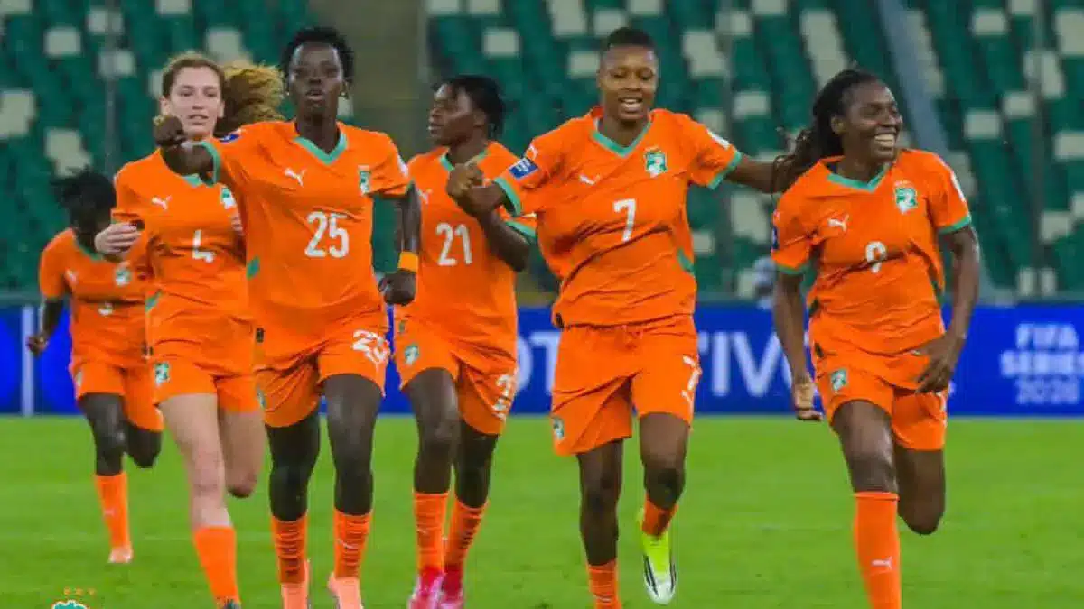 Ivory Coast women’s team celebrating after scoring against Pakistan