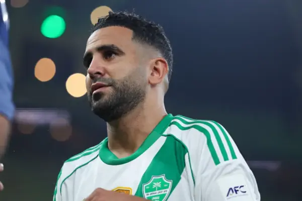 Riyad Mahrez celebrating Champions League win with Al Ahli