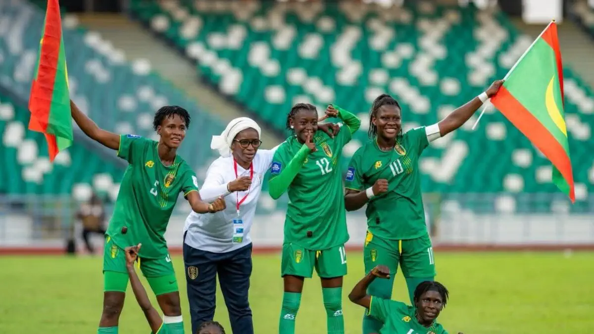 Mauritania women’s team celebrating after scoring in a dominant victory