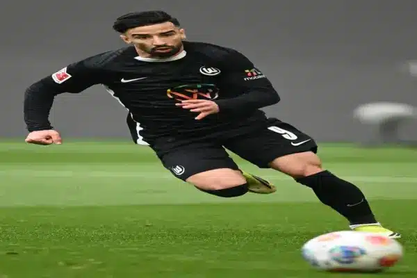 Mohamed Amoura playing for Wolfsburg during a Bundesliga match