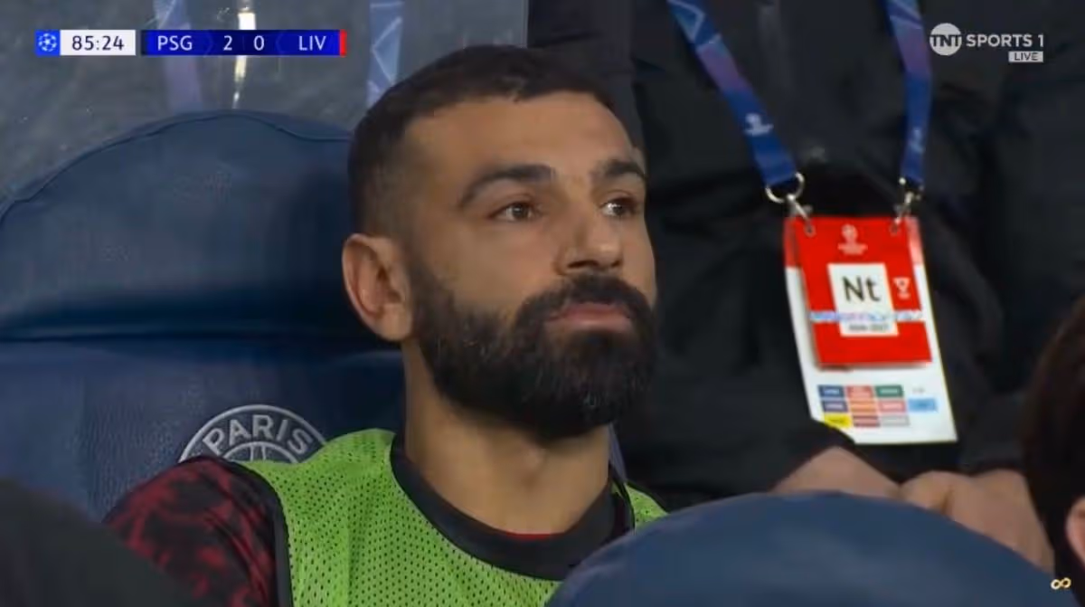 Mohamed Salah sitting on bench during PSG match