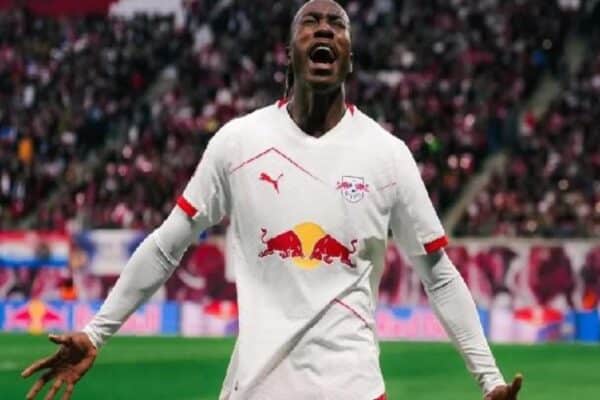 Yan Diomande playing for RB Leipzig in a Bundesliga match