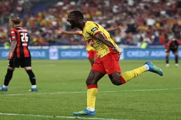 Abdallah Sima celebrates after scoring for Lens against Nice in the French Cup final