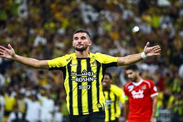 Houssem Aouar celebrating goal for Al Ittihad against Damac