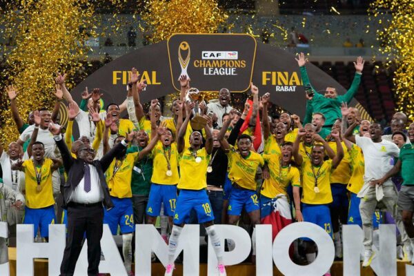 Mamelodi Sundowns players celebrating CAF Champions League title