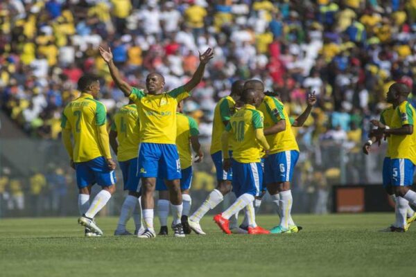 Mamelodi Sundowns players celebrating CAF Champions League victory at home