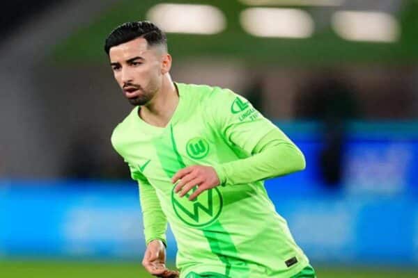 Mohamed Amoura reacting during Wolfsburg relegation play-off match