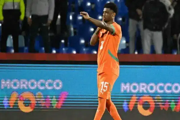 Amad Diallo celebrating after scoring for Ivory Coast at the World Cup