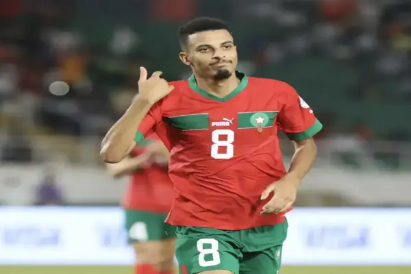 Azzedine Ounahi in Morocco national team kit focusing during World Cup match