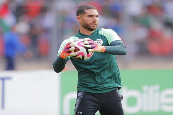 Algeria goalkeeper Luca Zidane takes part in training while recovering from jaw and chin surgery.